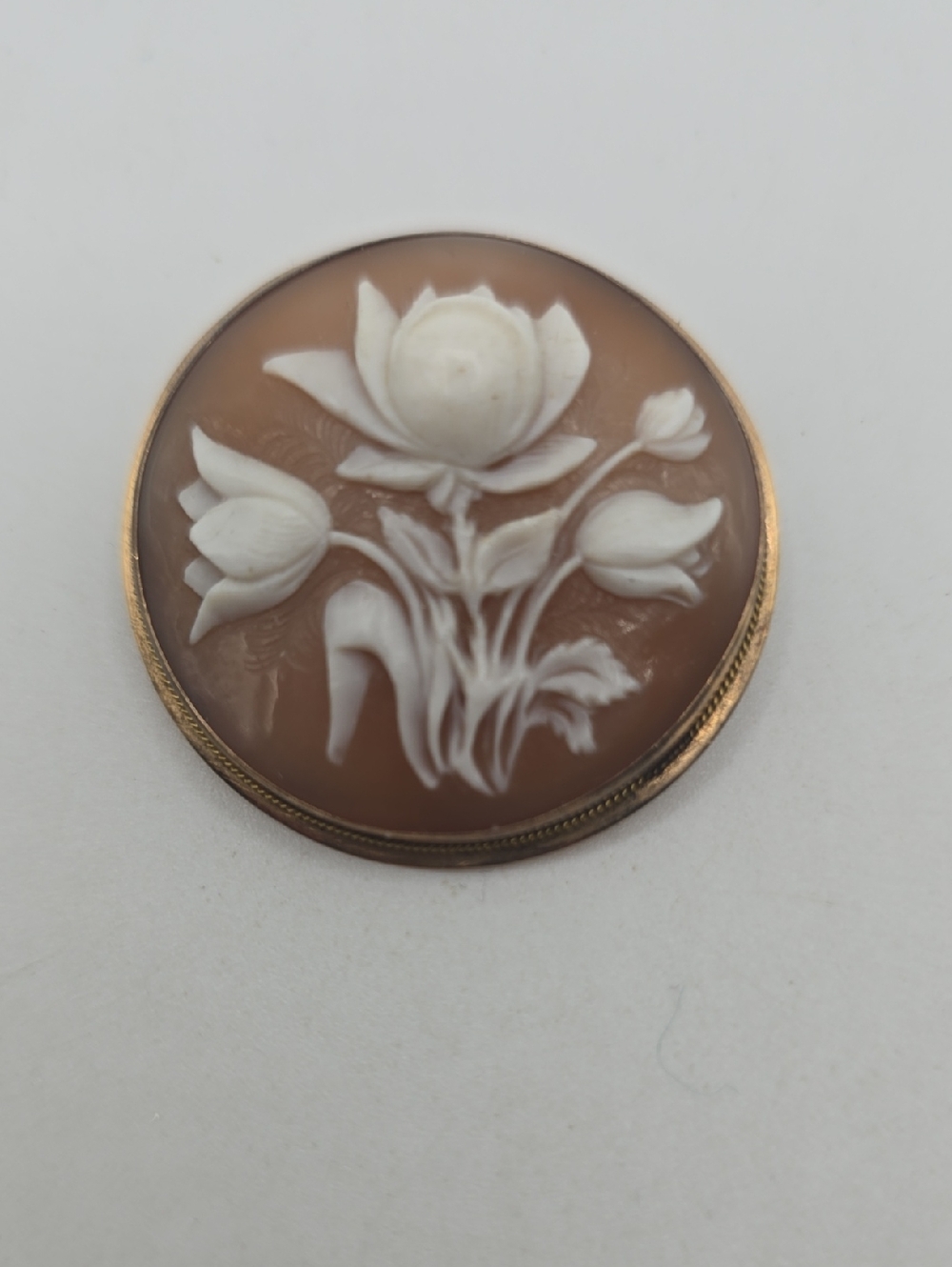 14k Gold Carved Shell Cameo Floral Brooch in Cream and Brown